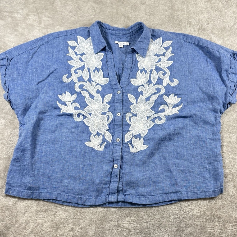 Chico's Button Up Shirt Women's 18 Blue Chambray Embroidered Short Sleeve Boho